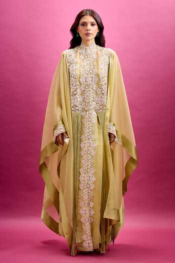 Anamika Khanna_Green Scoop Neck Embroidered Cape Draped Skirt Set _at_Aza_Fashions