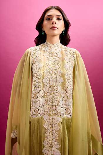 Buy_Anamika Khanna_Green Scoop Neck Embroidered Cape Draped Skirt Set 