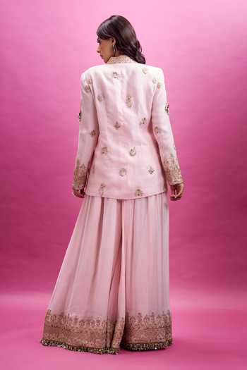 Shop_Anamika Khanna_Pink Shawl Neck Placket Embroidered Blazer And Sharara Set _at_Aza_Fashions