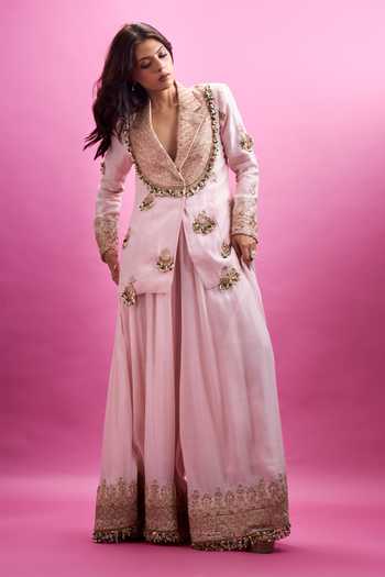 Anamika Khanna_Pink Shawl Neck Placket Embroidered Blazer And Sharara Set _Online_at_Aza_Fashions