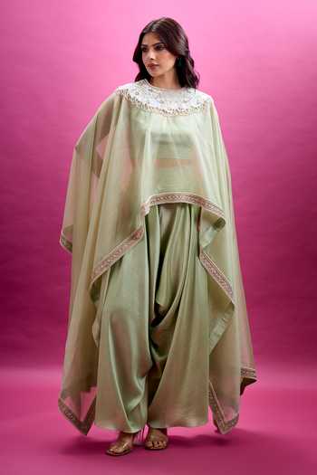 Anamika Khanna_Green Round , Scoop Placement Embroidered Cape Draped Pant Set _at_Aza_Fashions