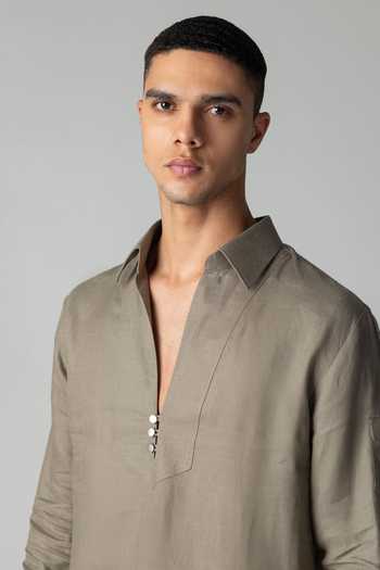 Amit Arora_Green Linen Plain Kurta And Palazzo Set _Online_at_Aza_Fashions
