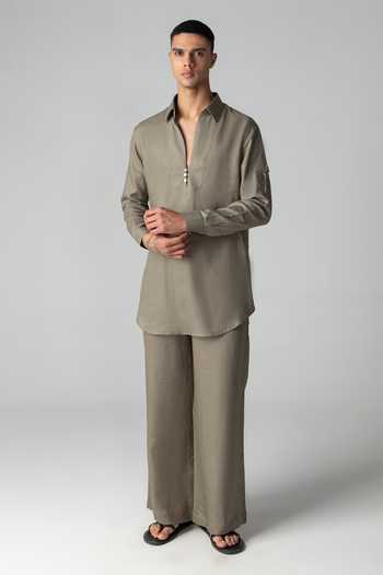 Buy_Amit Arora_Green Linen Plain Kurta And Palazzo Set _Online_at_Aza_Fashions