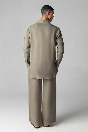 Shop_Amit Arora_Green Linen Plain Kurta And Palazzo Set _at_Aza_Fashions