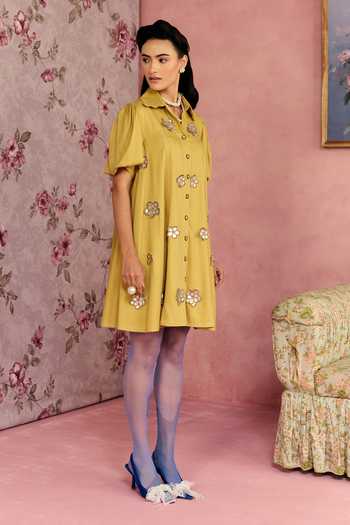 Surabhi Arya_Yellow Cotton, Twill Collared Neck Leather Patchwork Dress _Online_at_Aza_Fashions