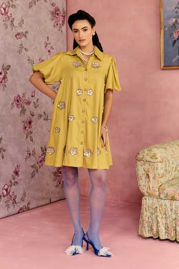 Buy_Surabhi Arya_Yellow Cotton, Twill Collared Neck Leather Patchwork Dress _Online_at_Aza_Fashions