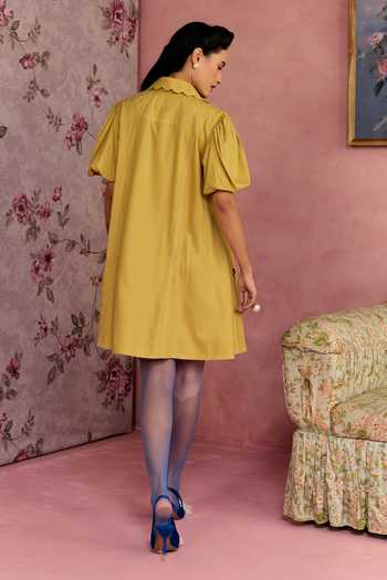 Shop_Surabhi Arya_Yellow Cotton, Twill Collared Neck Leather Patchwork Dress _at_Aza_Fashions