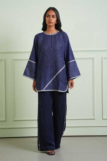 Shop_Twenty Nine_Blue Satin Mirrors Work Palazzo _at_Aza_Fashions