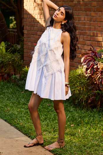 Buy_Needleten_Off White Linen, Lace Round Neck Short Flare Shift Dress _Online_at_Aza_Fashions