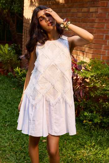 Needleten_Off White Linen, Lace Round Neck Short Flare Shift Dress _at_Aza_Fashions