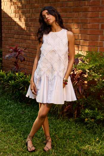 Buy_Needleten_Off White Linen, Lace Round Neck Short Flare Shift Dress _at_Aza_Fashions