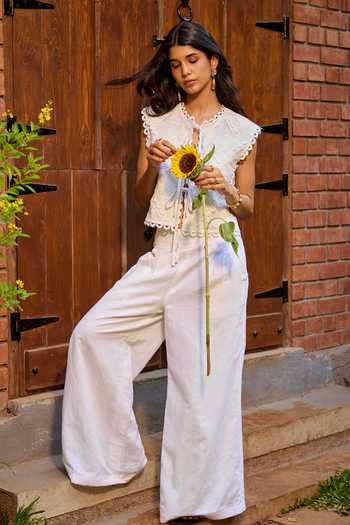 Buy_Needleten_Off White Linen, Lace Round Neck Tie-up Front Cropped Jacket _Online_at_Aza_Fashions