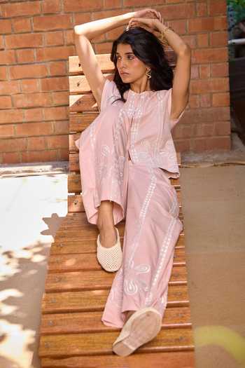 Needleten_Pink Cotton Round Neck Embroidered Cropped Jacket _Online_at_Aza_Fashions