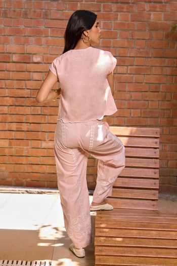Shop_Needleten_Pink Cotton Embroidered Pant _at_Aza_Fashions