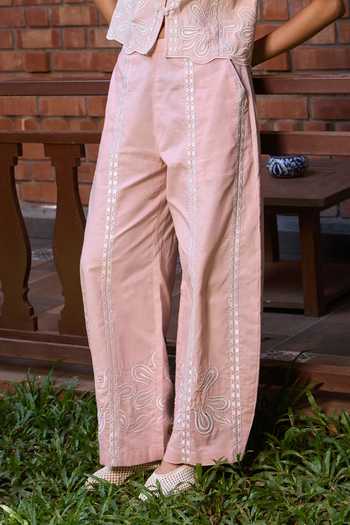 Needleten_Pink Cotton Embroidered Pant _at_Aza_Fashions
