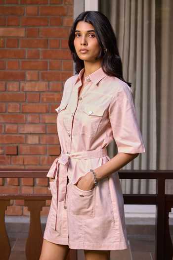 Needleten_Pink Cotton Collared Neck Utility Shirt Dress With Belt _Online_at_Aza_Fashions