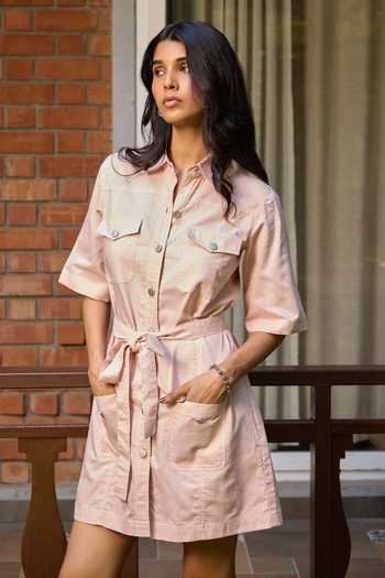 Buy_Needleten_Pink Cotton Collared Neck Utility Shirt Dress With Belt _Online_at_Aza_Fashions