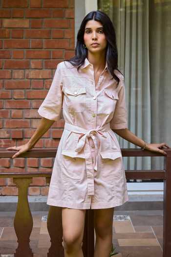 Shop_Needleten_Pink Cotton Collared Neck Utility Shirt Dress With Belt _Online_at_Aza_Fashions