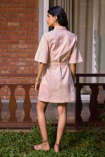 Shop_Needleten_Pink Cotton Collared Neck Utility Shirt Dress With Belt _at_Aza_Fashions