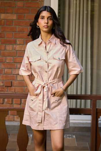 Needleten_Pink Cotton Collared Neck Utility Shirt Dress With Belt _at_Aza_Fashions