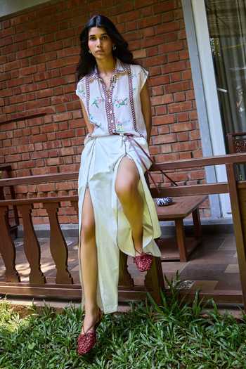 Buy_Needleten_Off White Cotton, Lycra, Twill Pant _Online_at_Aza_Fashions