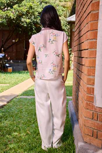Shop_Needleten_Off White Cotton, Lycra, Twill Pant _at_Aza_Fashions
