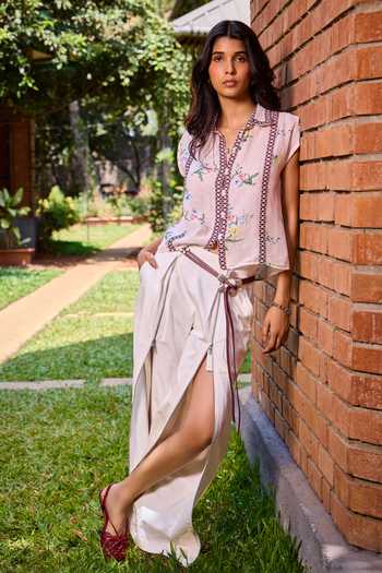 Shop_Needleten_Off White Cotton, Lycra, Twill Pant _Online_at_Aza_Fashions