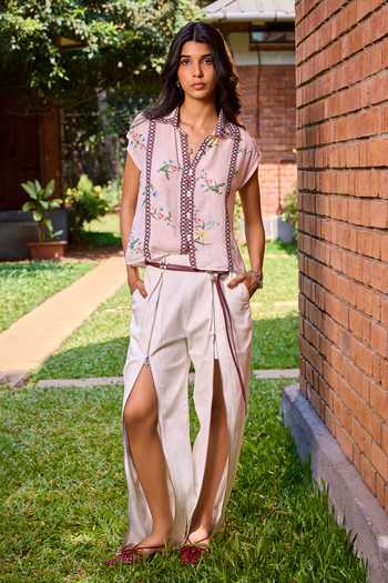 Buy_Needleten_Off White Cotton, Lycra, Twill Pant _at_Aza_Fashions