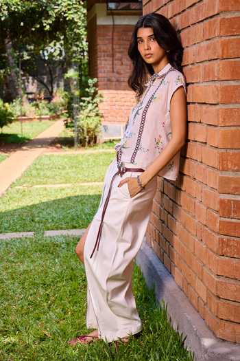 Needleten_Off White Cotton, Lycra, Twill Pant _at_Aza_Fashions