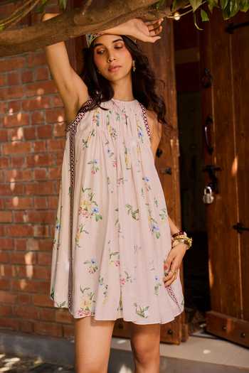 Needleten_Pink Organza, Linen, Modal Round Neck Floral Print Shift Dress _Online_at_Aza_Fashions