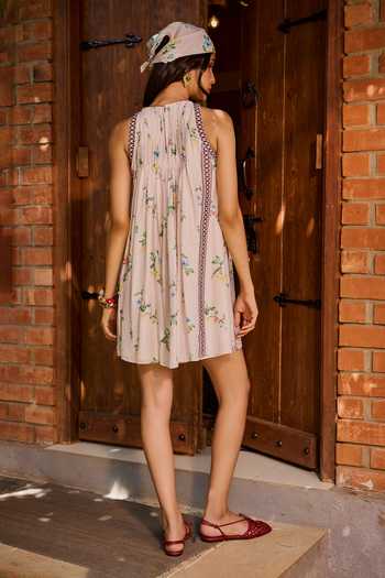 Shop_Needleten_Pink Organza, Linen, Modal Round Neck Floral Print Shift Dress _at_Aza_Fashions