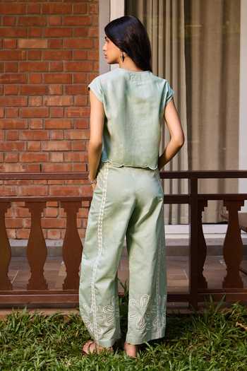 Shop_Needleten_Green Cotton Round Neck Embroidered Jacket _at_Aza_Fashions