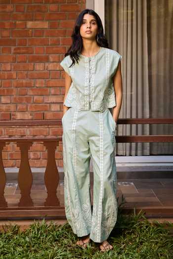 Needleten_Green Cotton Round Neck Embroidered Jacket _Online_at_Aza_Fashions
