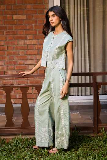 Buy_Needleten_Green Cotton Round Neck Embroidered Jacket _Online_at_Aza_Fashions