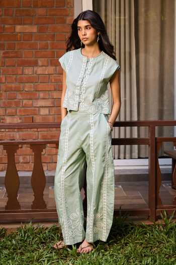 Shop_Needleten_Green Cotton Round Neck Embroidered Jacket _Online_at_Aza_Fashions