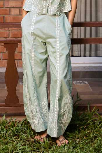 Needleten_Green Cotton Sage Embroidered Pant _Online_at_Aza_Fashions