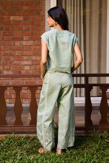 Shop_Needleten_Green Cotton Sage Embroidered Pant _at_Aza_Fashions