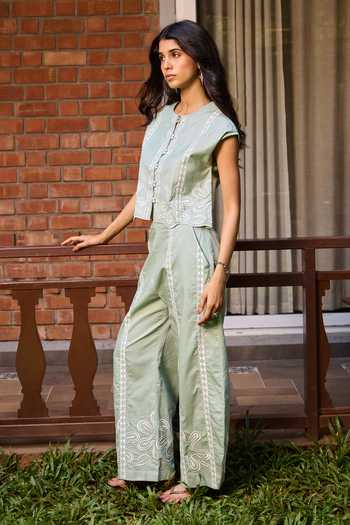 Buy_Needleten_Green Cotton Sage Embroidered Pant _Online_at_Aza_Fashions