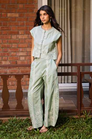Shop_Needleten_Green Cotton Sage Embroidered Pant _Online_at_Aza_Fashions