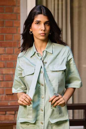 Needleten_Green Cotton Collared Neck Utility Dress And Belt Set _Online_at_Aza_Fashions