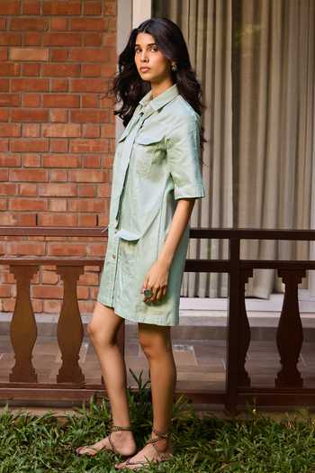 Buy_Needleten_Green Cotton Collared Neck Utility Dress And Belt Set _Online_at_Aza_Fashions