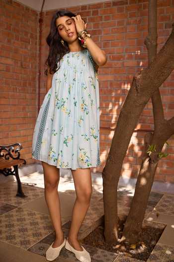 Needleten_Blue Organza, Linen, Modal Round Neck Floral Print Shift Dress _at_Aza_Fashions