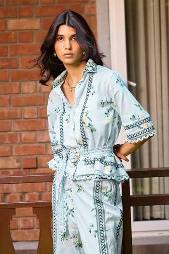 Buy_Needleten_Blue Linen Collared Neck Ciel Floral Print Shirt _at_Aza_Fashions