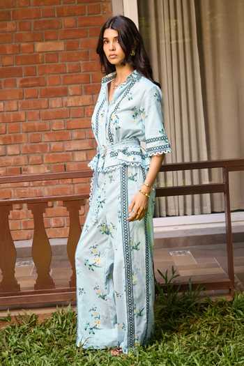 Needleten_Blue Linen Collared Neck Ciel Floral Print Shirt _Online_at_Aza_Fashions