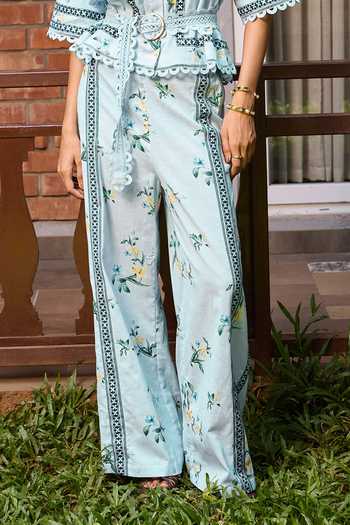 Needleten_Blue Linen Ciel Floral Print Pant _Online_at_Aza_Fashions