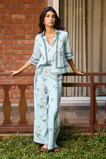 Shop_Needleten_Blue Linen Ciel Floral Print Pant _Online_at_Aza_Fashions