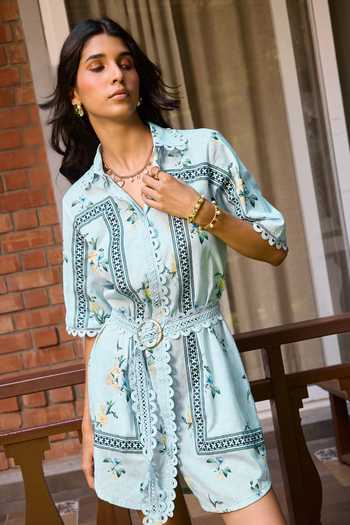 Needleten_Blue Linen Collared Neck Floral Print Shirt Dress With Belt _Online_at_Aza_Fashions