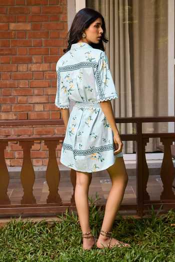 Shop_Needleten_Blue Linen Collared Neck Floral Print Shirt Dress With Belt _at_Aza_Fashions