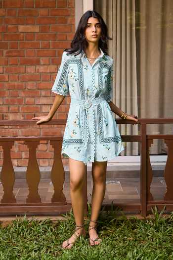Buy_Needleten_Blue Linen Collared Neck Floral Print Shirt Dress With Belt _at_Aza_Fashions