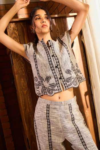 Shop_Needleten_Grey Cotton Round Neck Textured Cropped Top _Online_at_Aza_Fashions